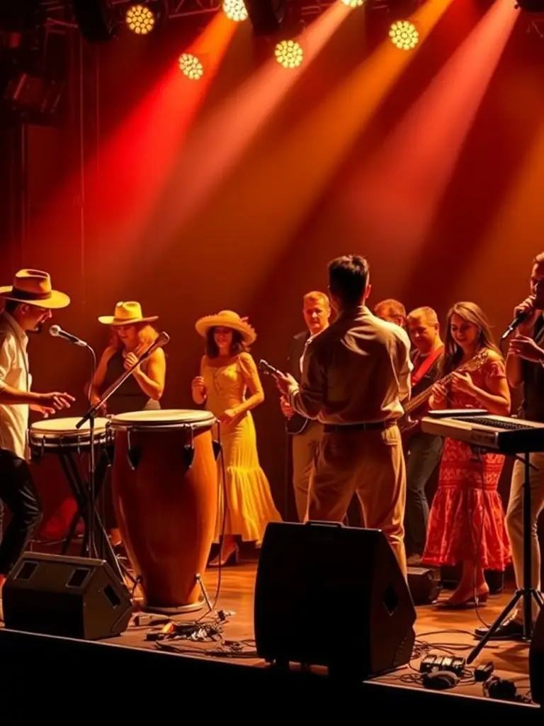 A vibrant image of a live Latin band performing on stage with dancers in the audience enjoying the music.