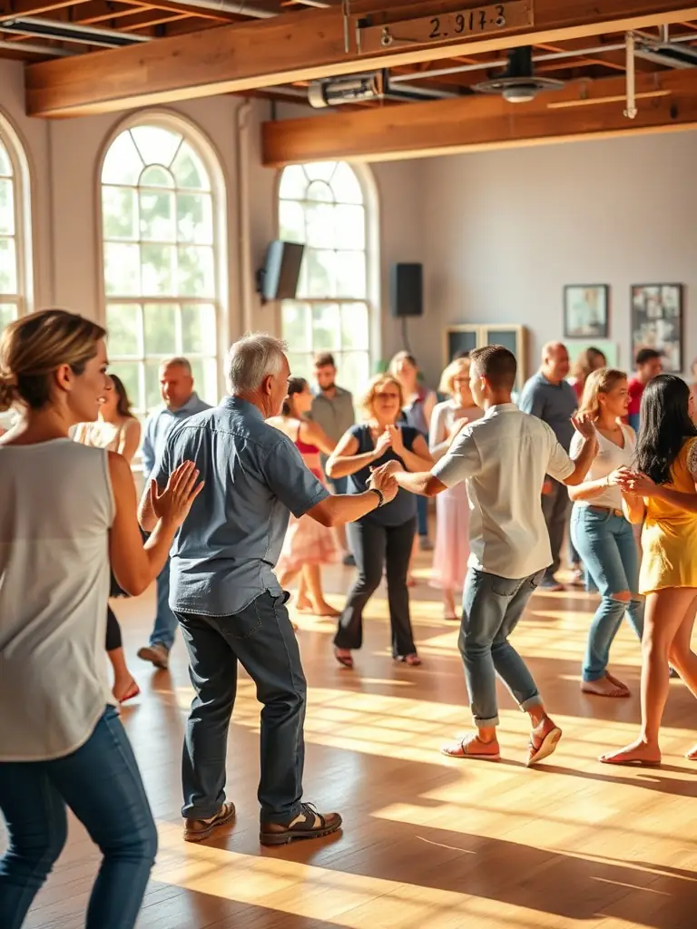 A lively image of a dance class with participants practicing salsa moves, capturing the energy and joy of Latin dance.