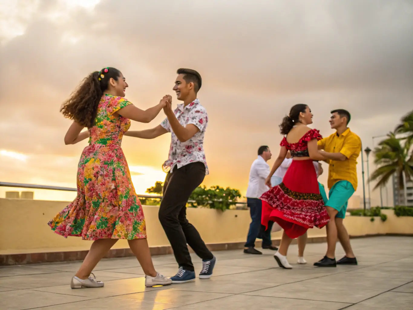 A vibrant image of participants learning salsa during a Latin dance workshop, showcasing the energy and community spirit.