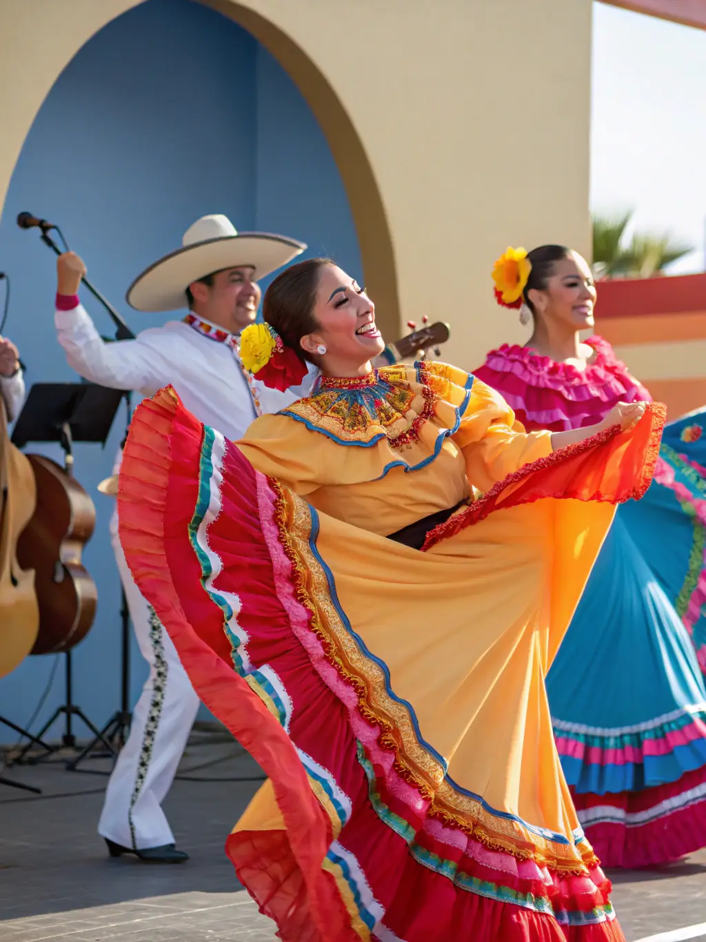 An image of a bustling outdoor Latin festival with dancers, food stalls, and cultural displays.