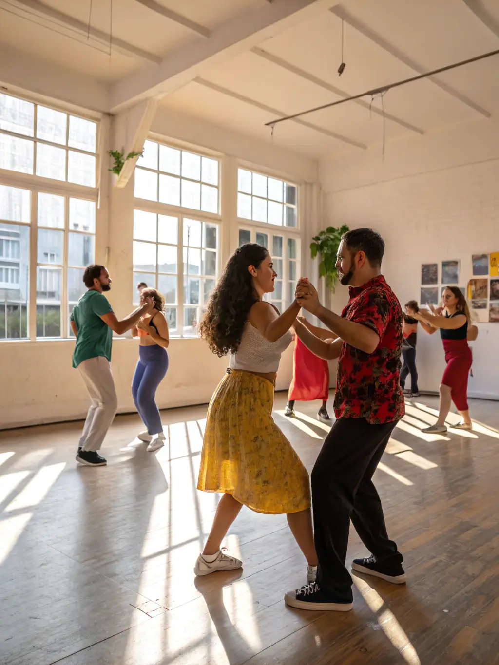 A group of people participating in a salsa dance workshop, led by an instructor, showcasing the energy and fun of Latin dance at Energie Latine Saintes.