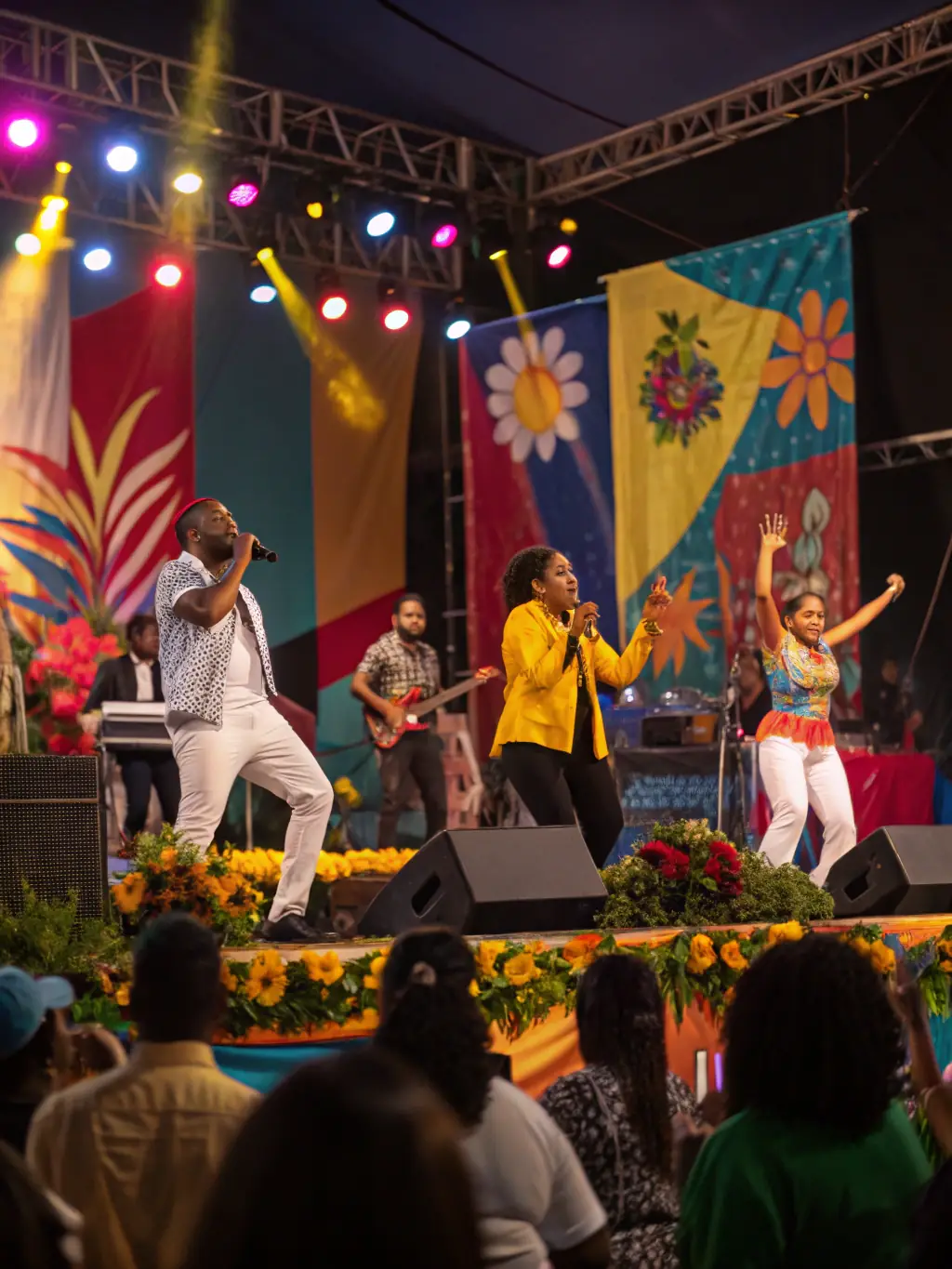 A live band performing Latin music on stage at a cultural event organized by Energie Latine Saintes, capturing the essence of Latin rhythms and melodies.