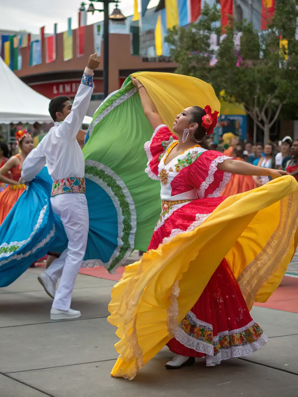 A diverse group of people dancing together at a Latin-themed festival organized by Energie Latine Saintes, emphasizing the inclusive and celebratory nature of the organization's events.