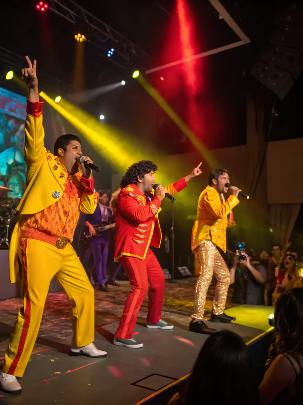 A lively scene from a cultural music performance featuring a Latin band, capturing the essence of Latin heritage and musical talent.